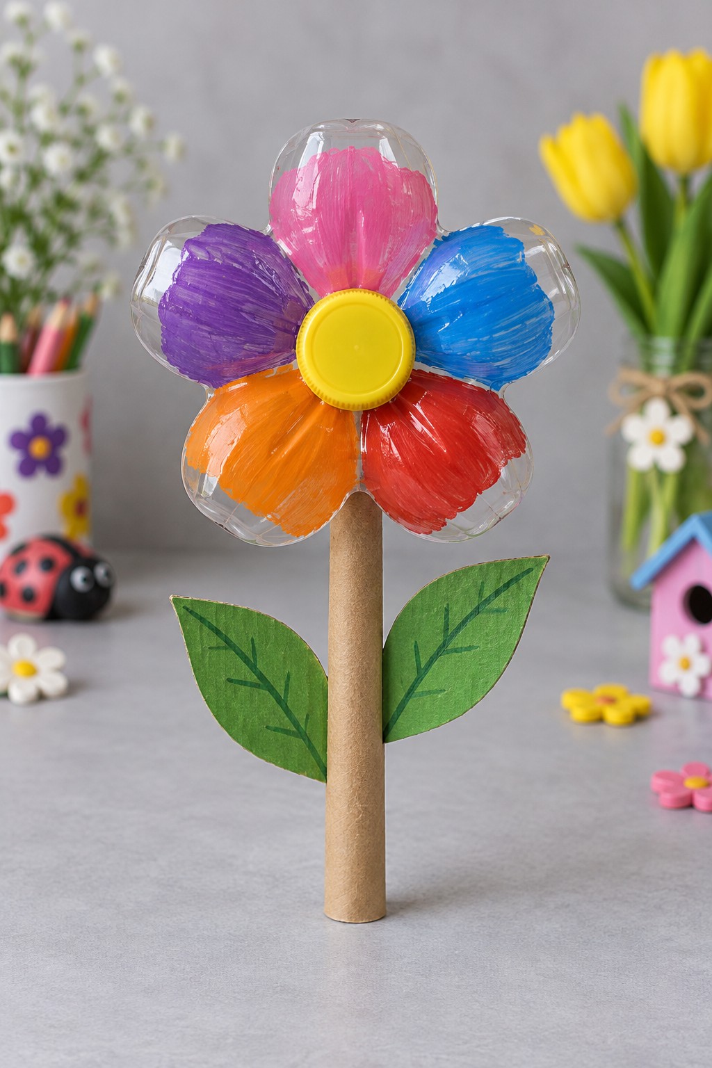 Five petal flower made from a painted clear bottle base with a yellow cap center and cardboard stem