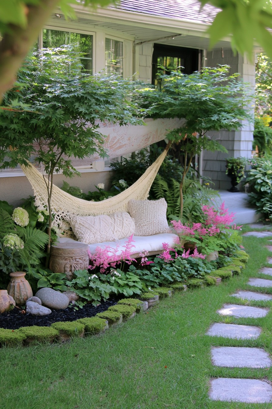 Woodland bohemian hammock nook with ferns and mossy borders