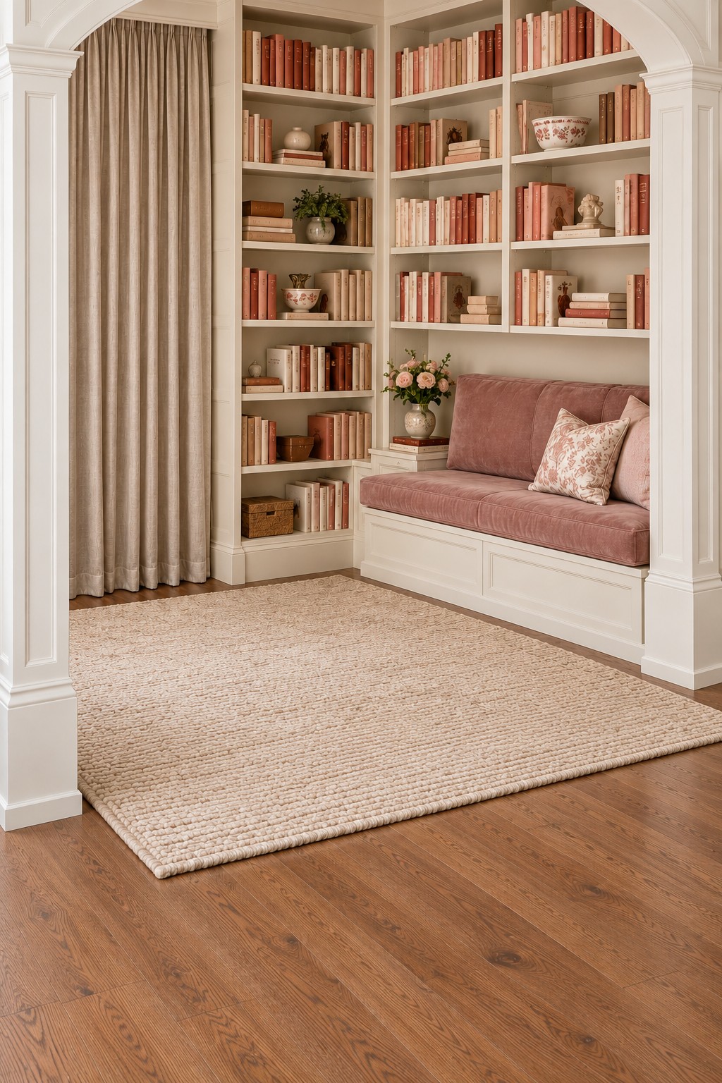 Cream archway opening onto a blush reading bench surrounded by bookshelves with beige curtains and a woven rug