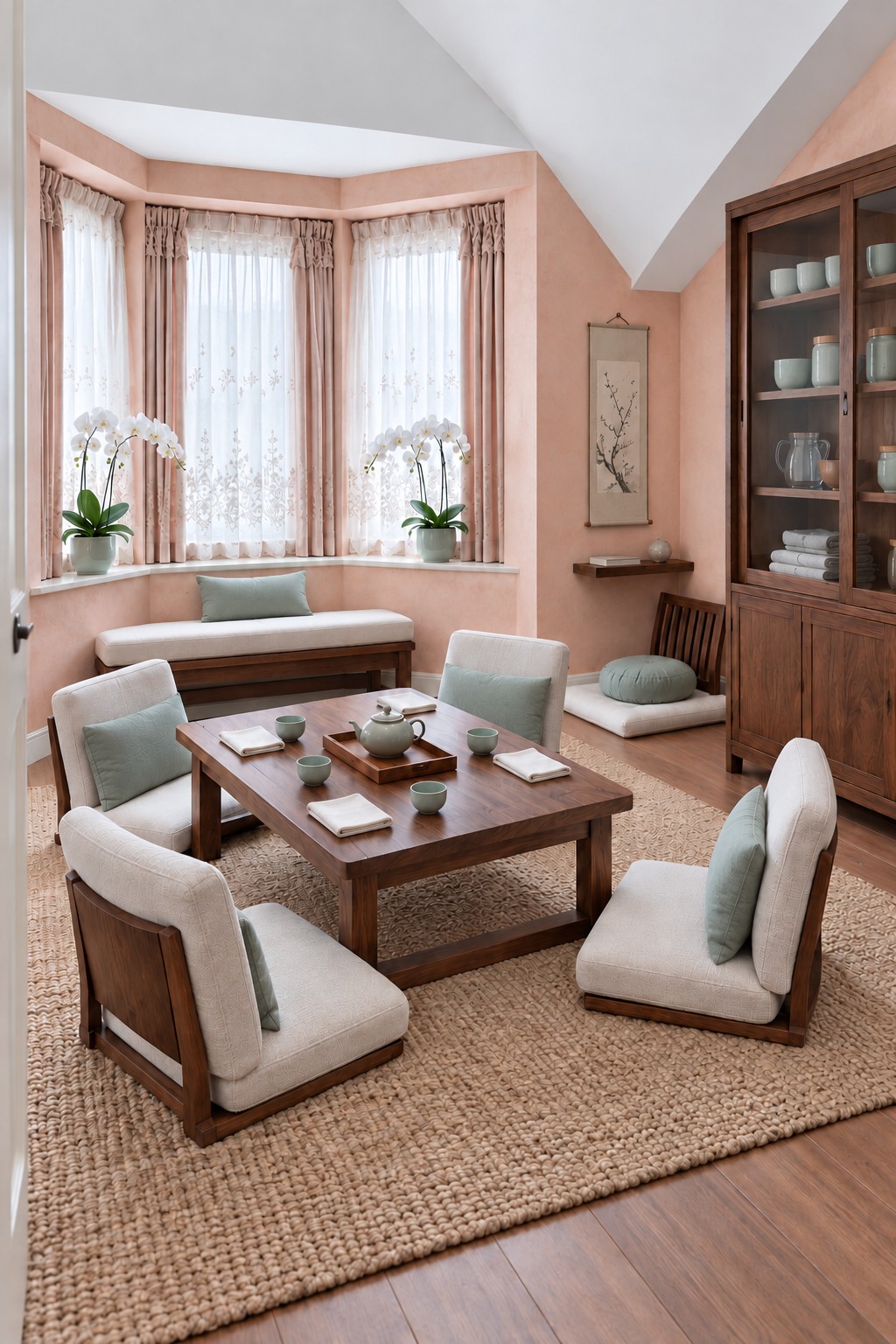 Low wooden tea table surrounded by cream upholstered floor chairs in a pale pink attic with orchid windows