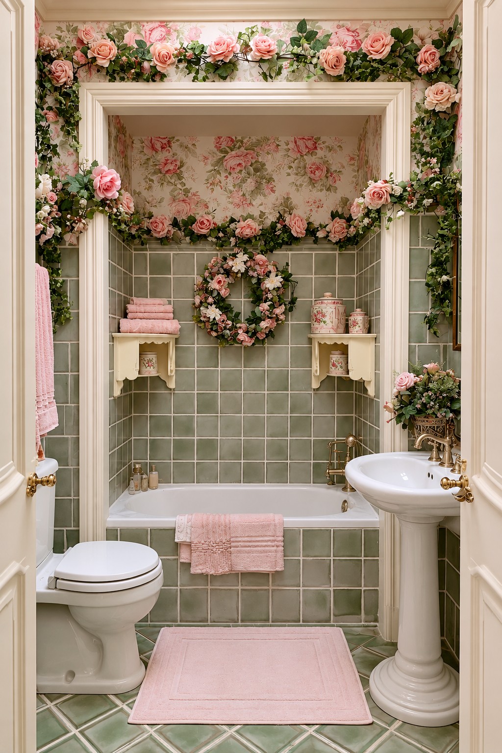 Rose garlands framing a doorway and tiled bath wall above soft pink towels and a sage tiled tub surround