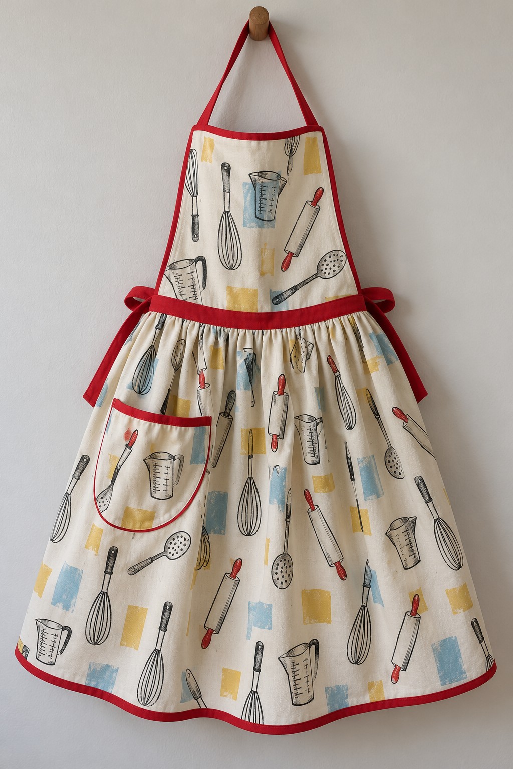 Cream apron printed with kitchen utensils and finished with red ties and binding