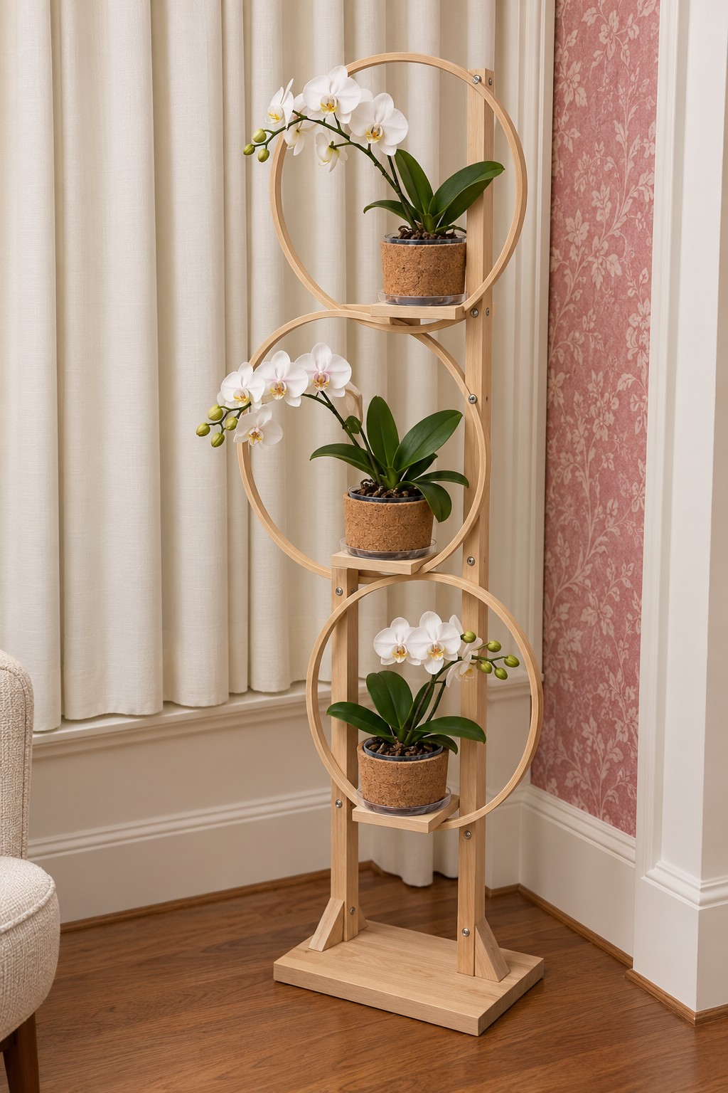 Three stacked wooden hoops framing white orchids above a rectangular timber base