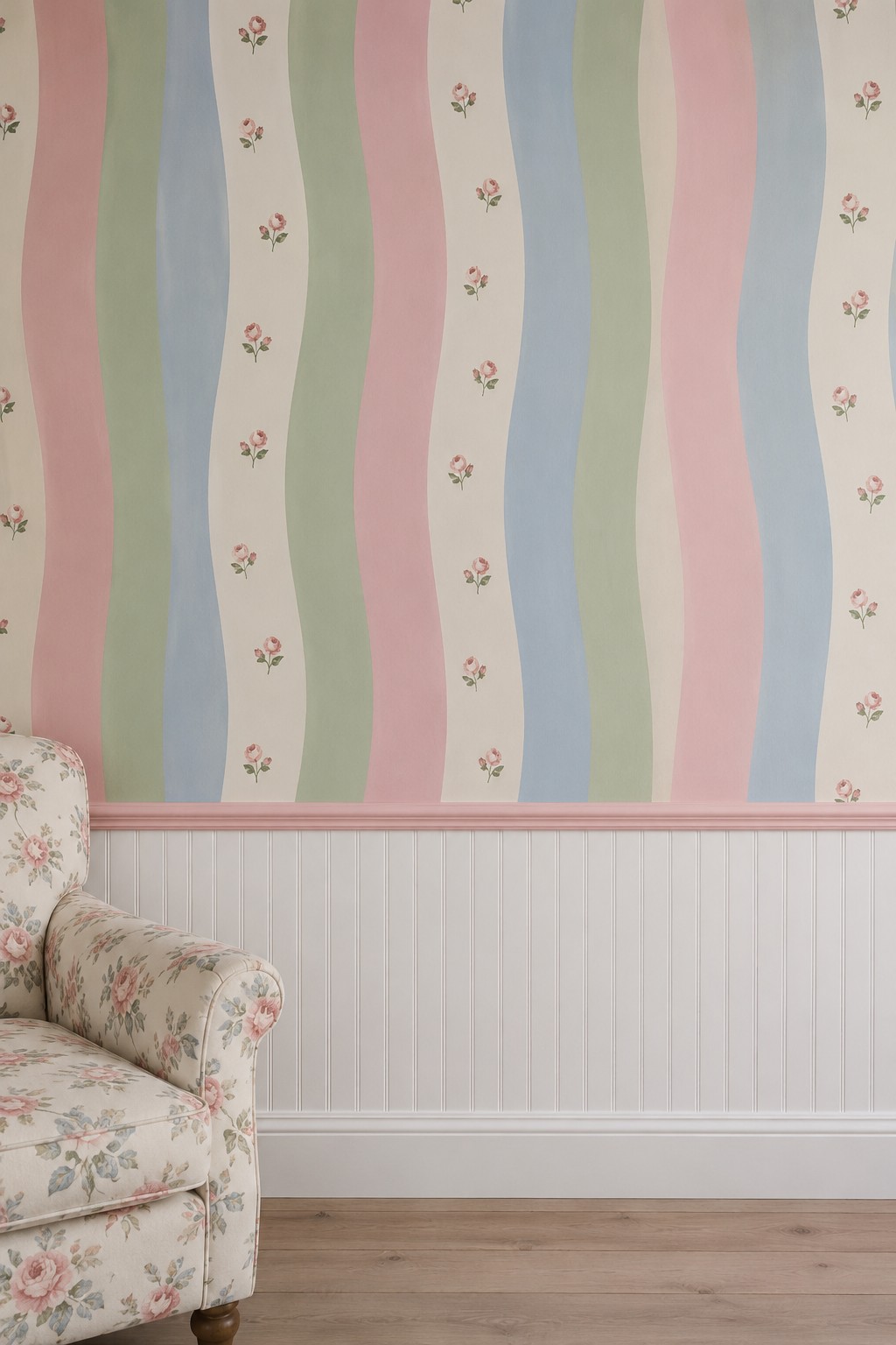 Wavy blue, pink, sage, and cream wall stripes with tiny rose sprigs above white beadboard