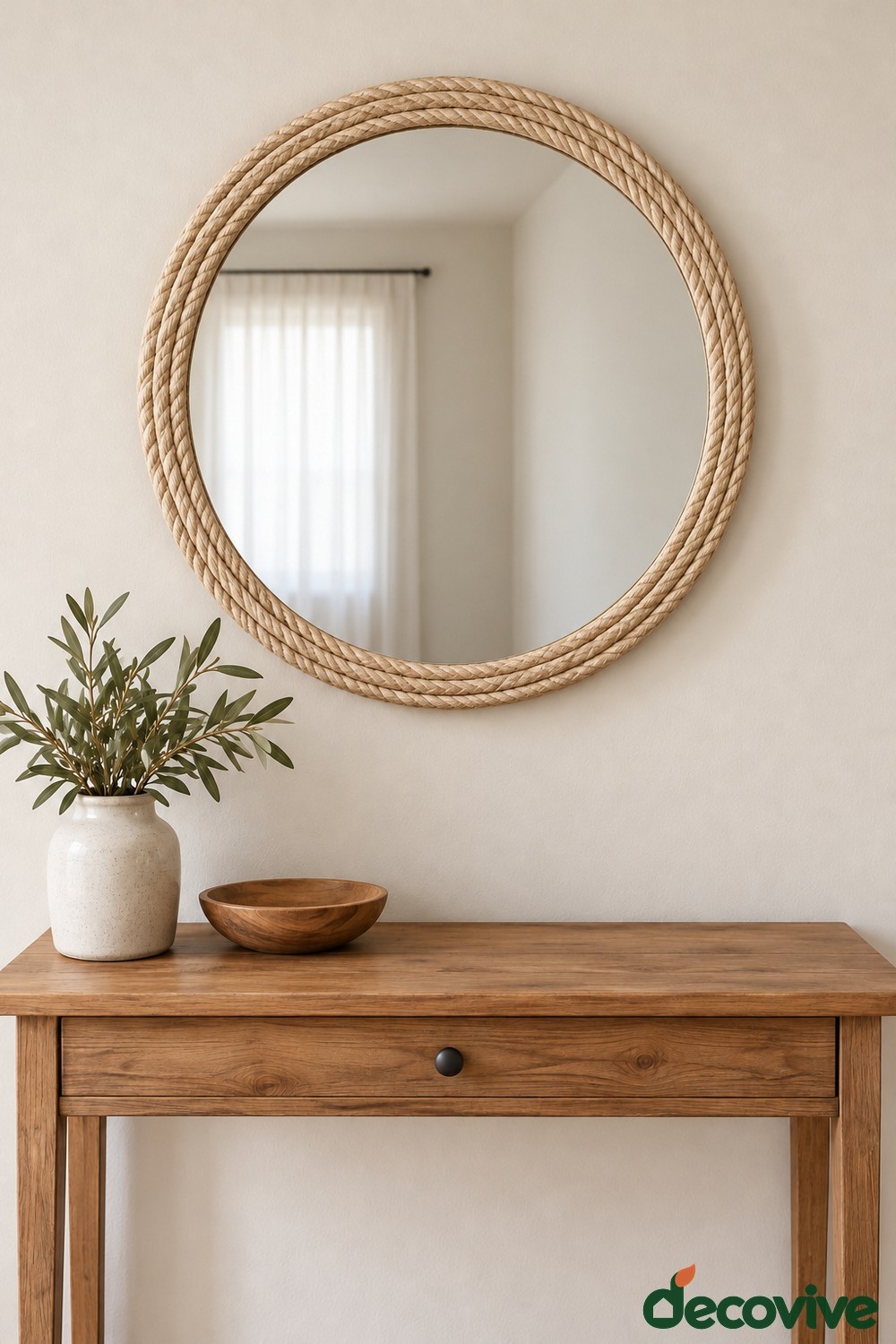 Round mirror with three concentric rows of natural beige twisted rope above a wooden console