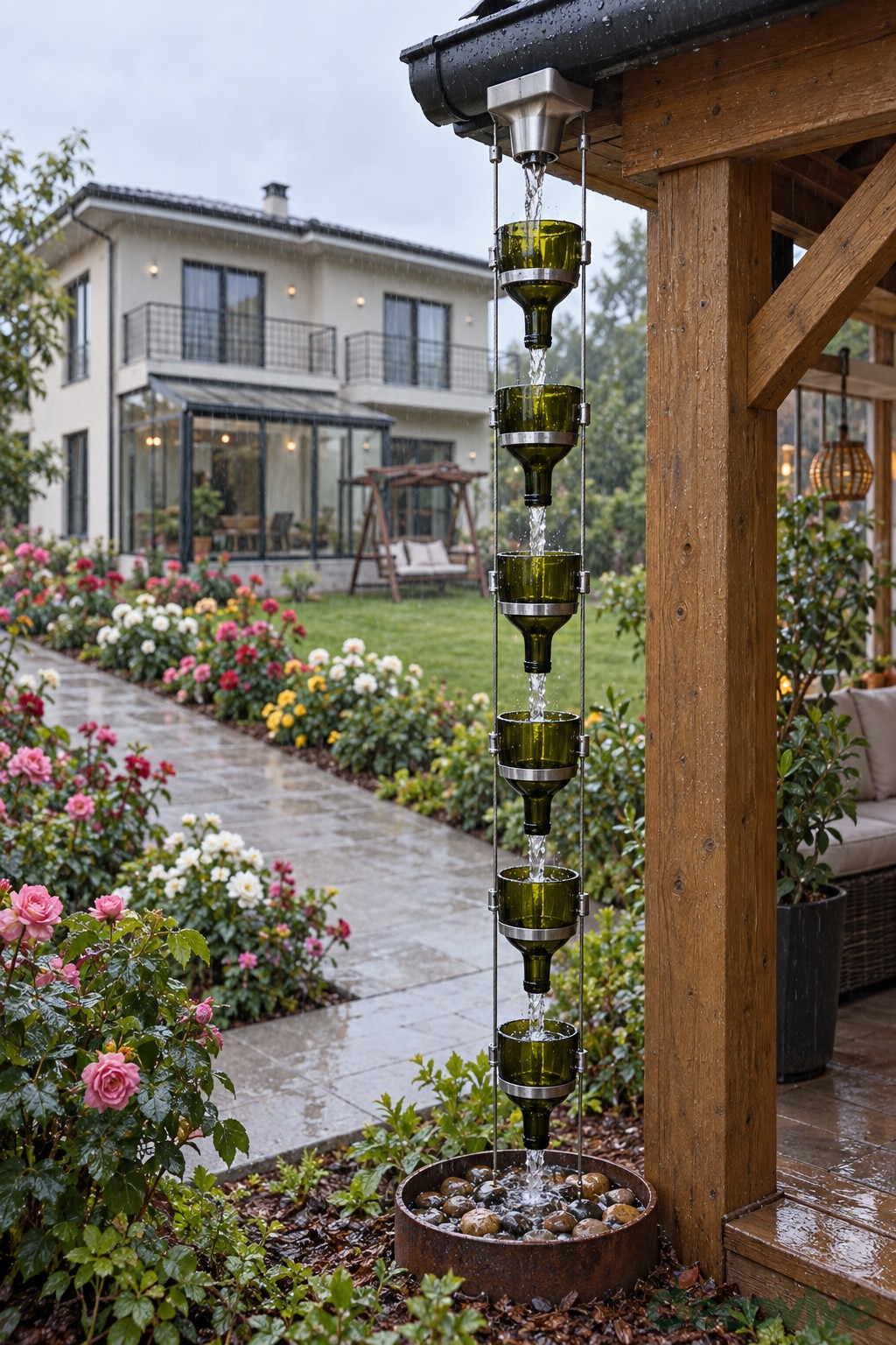 Cut green bottle funnels guiding gutter water into a gravel filled ground basin