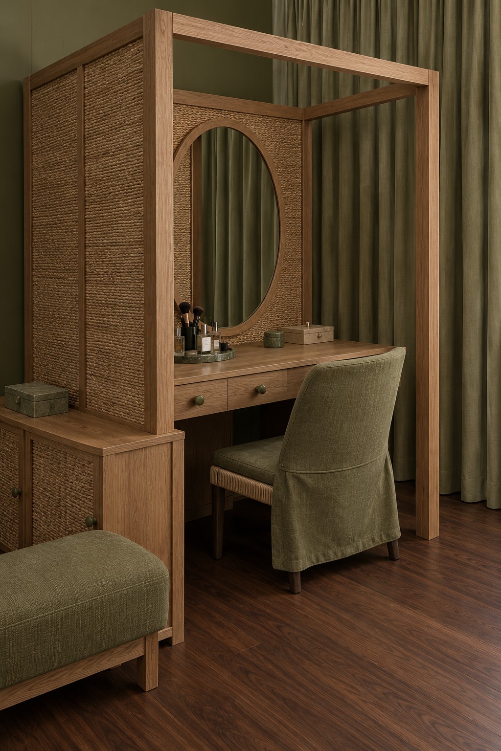 Olive dressing room with a timber framed woven vanity enclosure, oval mirror, matching chair, and padded bench