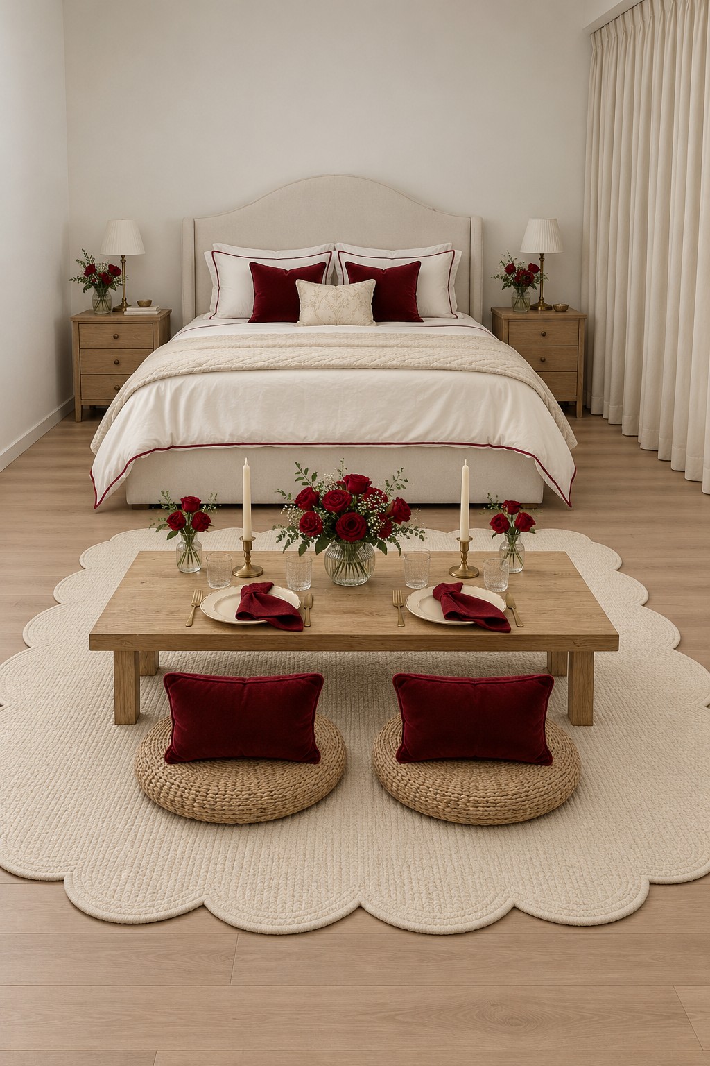 Cream bedroom with a low wooden table, woven floor cushions, red flowers, and a scalloped ivory rug