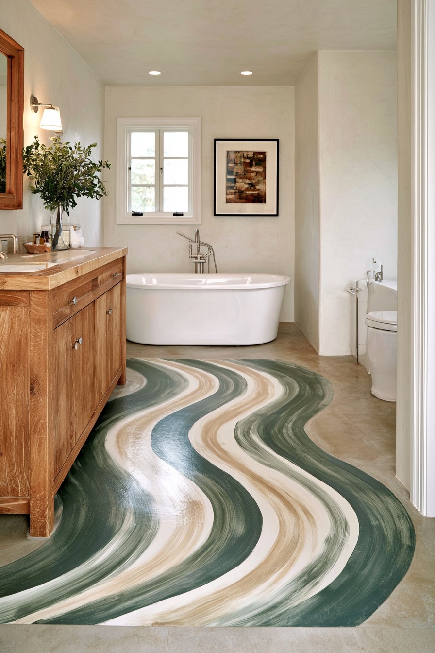 Bathroom floor with broad flowing bands of dark green, sage, beige, and ivory around a white bathtub