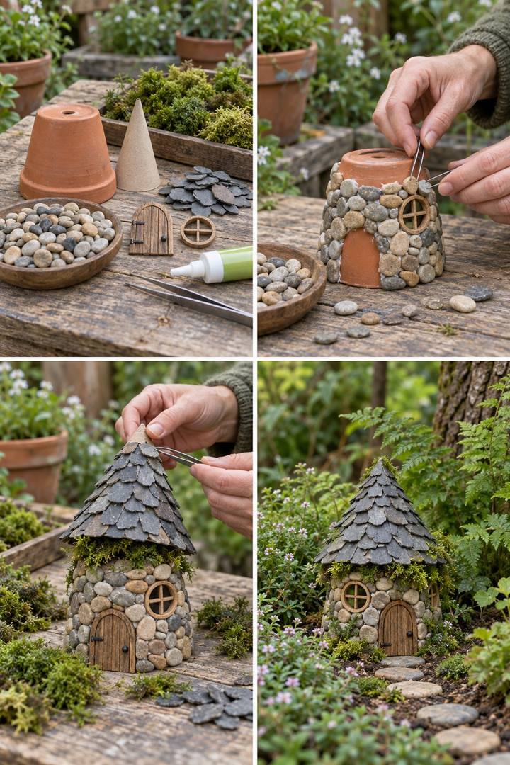 An inverted terracotta pot clad with pebbles, a wooden door and window, and an overlapping slate roof