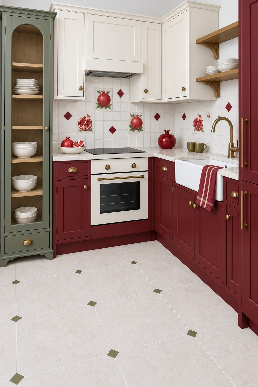 Burgundy lower kitchen cabinets with pomegranate accent tiles and an olive green arched crockery cupboard