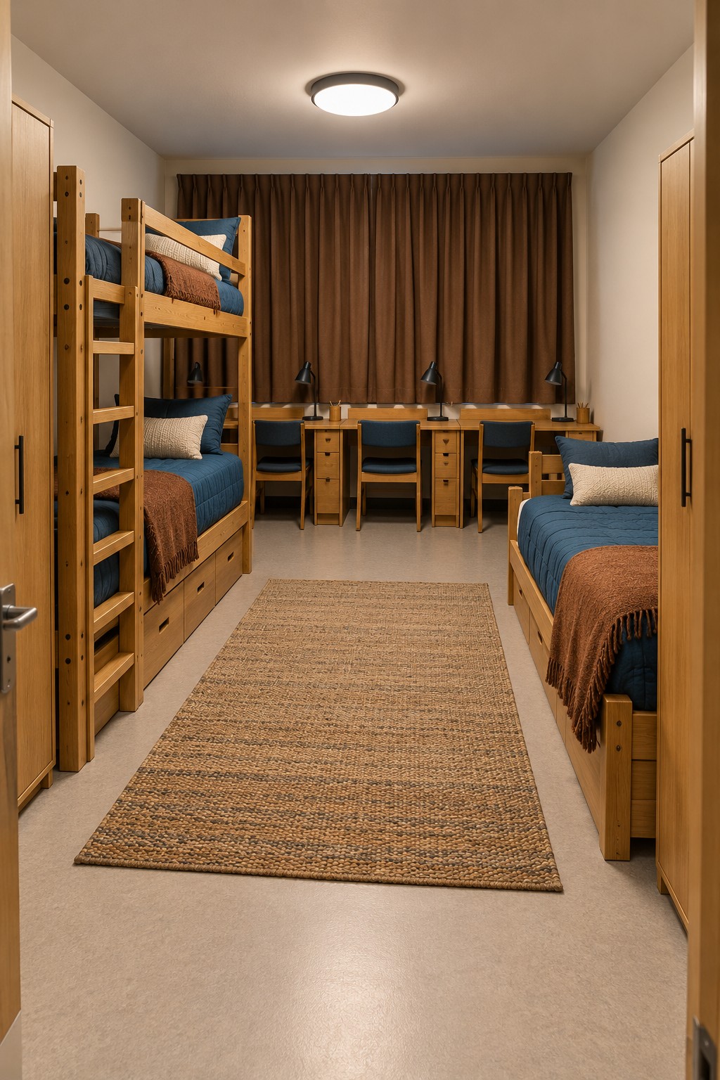 A wooden bunk bed and separate bed with blue and rust textiles, three rear desks, and brown curtains