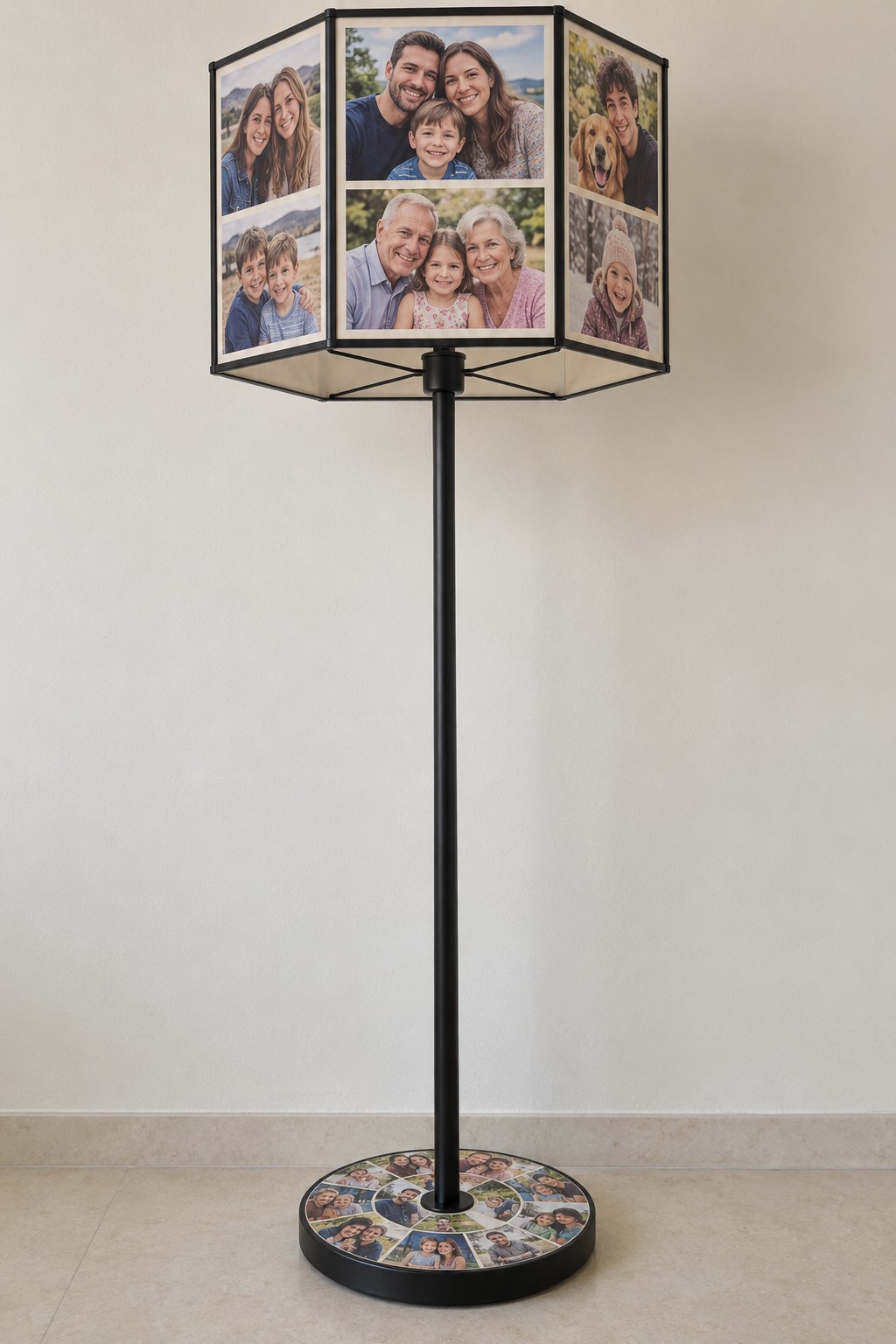 Square photo shade on a slim black floor stand with a circular photo collage around the base