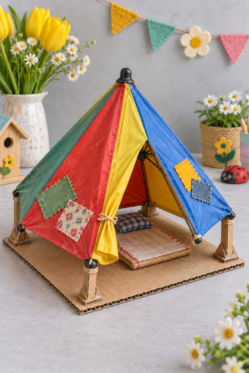 Miniature tent made from a colorful reused umbrella canopy with fabric patches and bedding on a cardboard base
