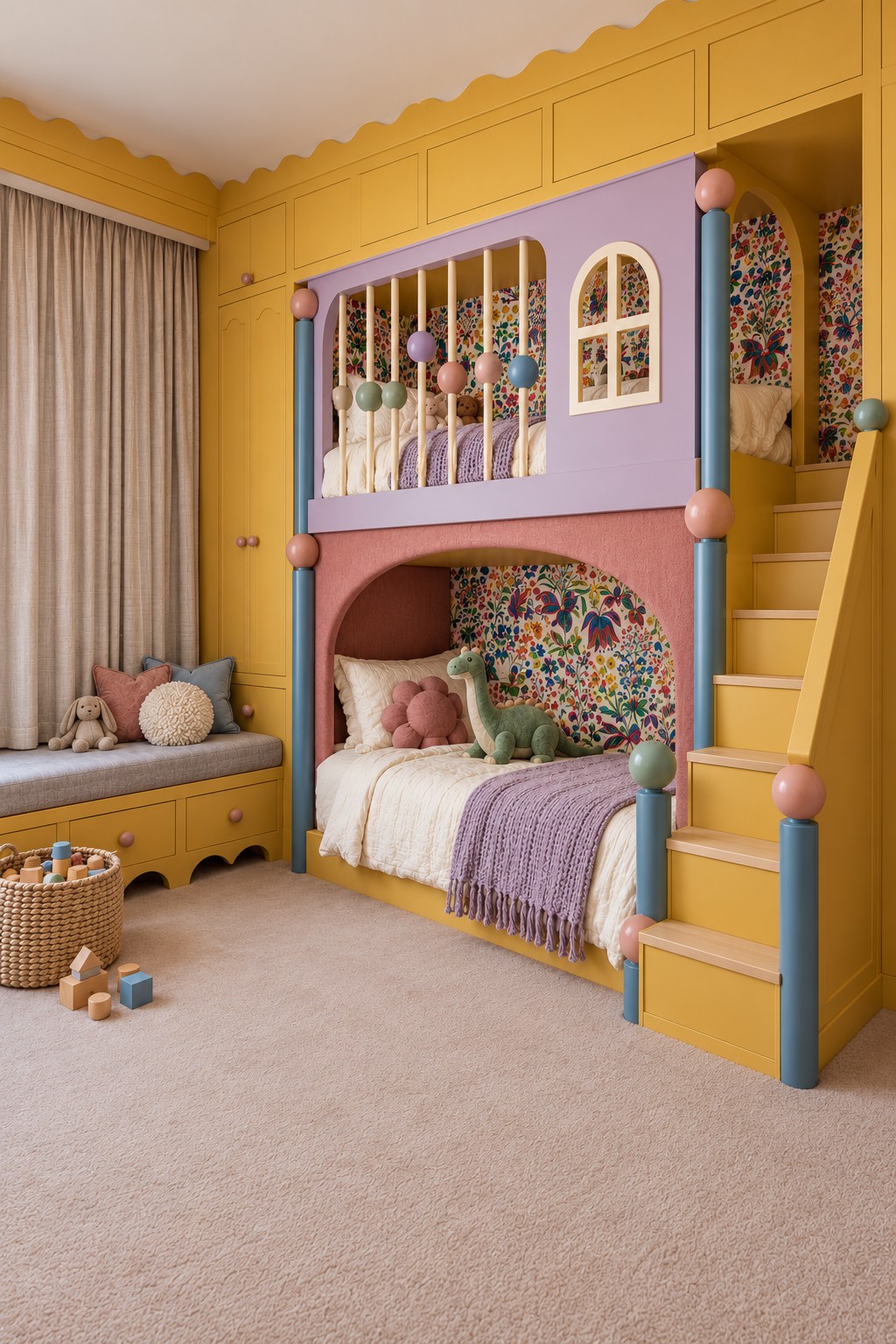 Lilac and dusty rose bunk bed with pastel ball details, floral backing, right staircase, and a yellow window bench
