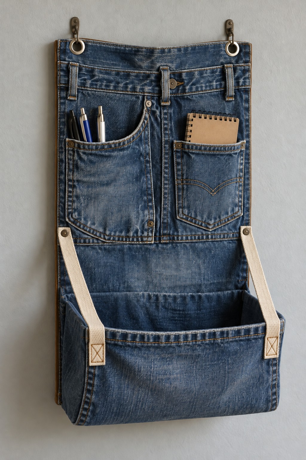 Blue jeans wall organizer with two upper pockets and a wide lower bin