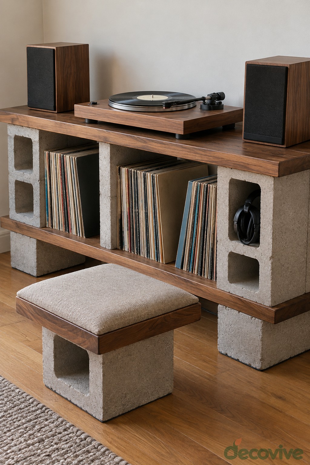 Wooden record console on concrete block supports with vinyl storage and a small cushioned stool