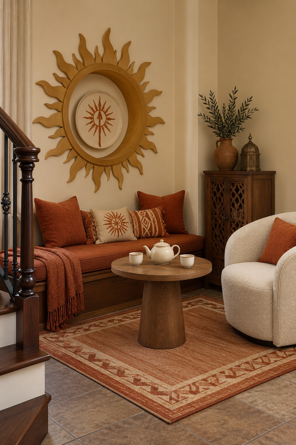 Terracotta bench and cream chair around a round wooden table, with a large gold sunburst and orange patterned rug