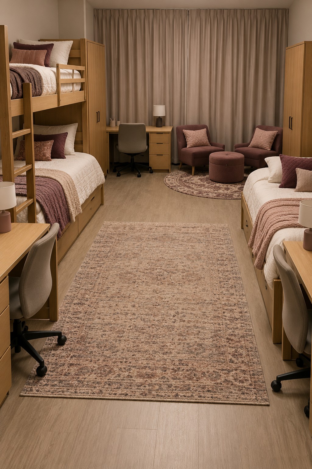 A bunk bed and single bed with burgundy accents, two mauve lounge chairs, and a round ottoman