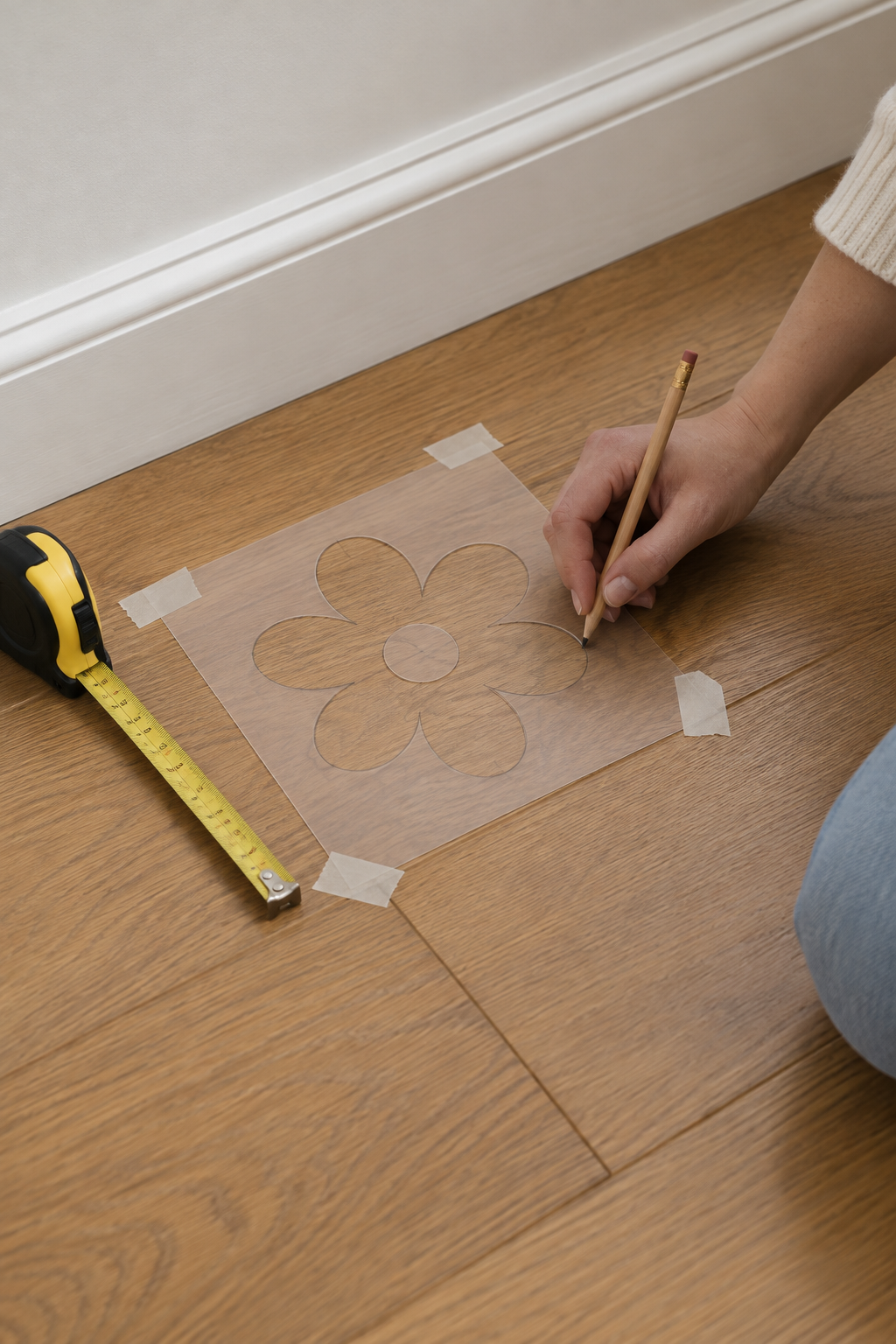 Pencil tracing a flower stencil taped to wooden floorboards beside a measuring tape