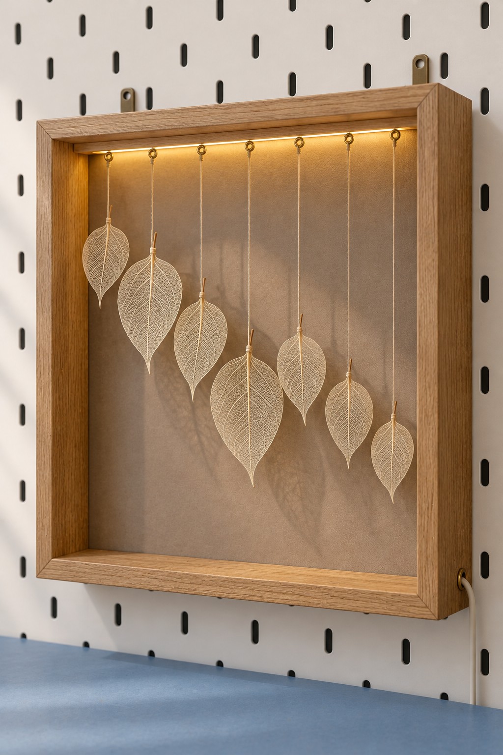 Seven pale skeleton leaves suspended at different heights inside a lighted wooden frame