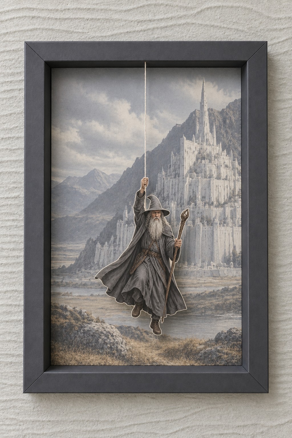 Grey wizard cutout suspended in a charcoal frame before a pale mountain city and misty landscape