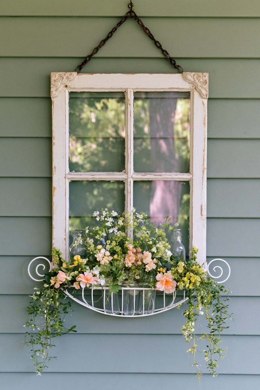Small chain hung glass window with a curved wire flower basket below its divided panes