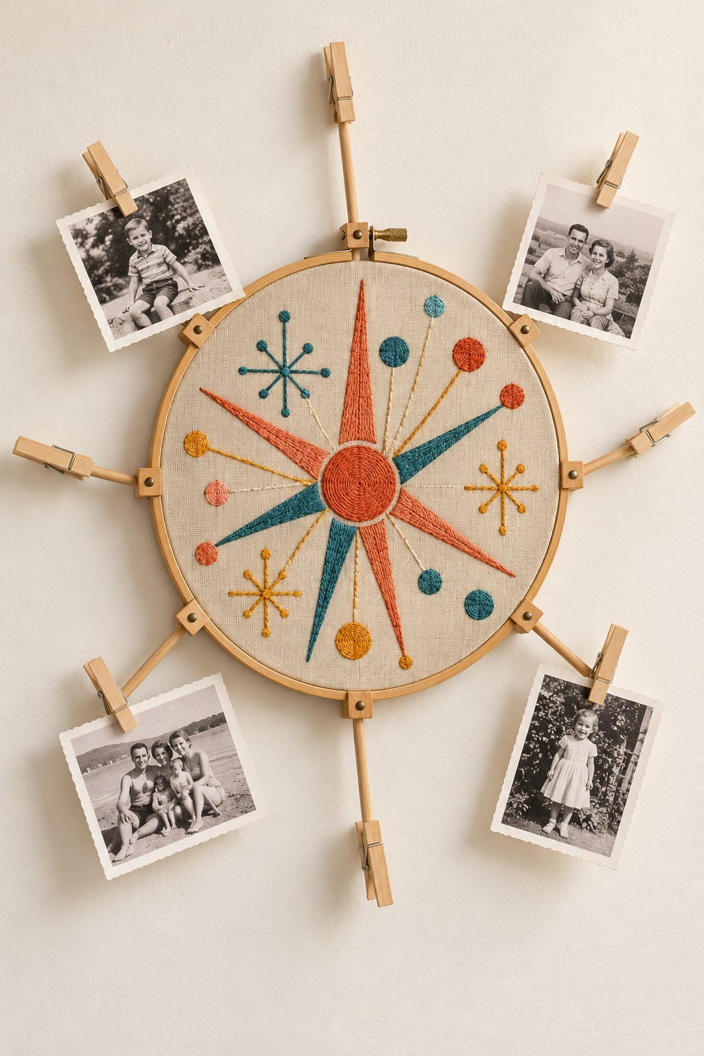 Embroidered coral and teal starburst in a wooden hoop with outward photo clips
