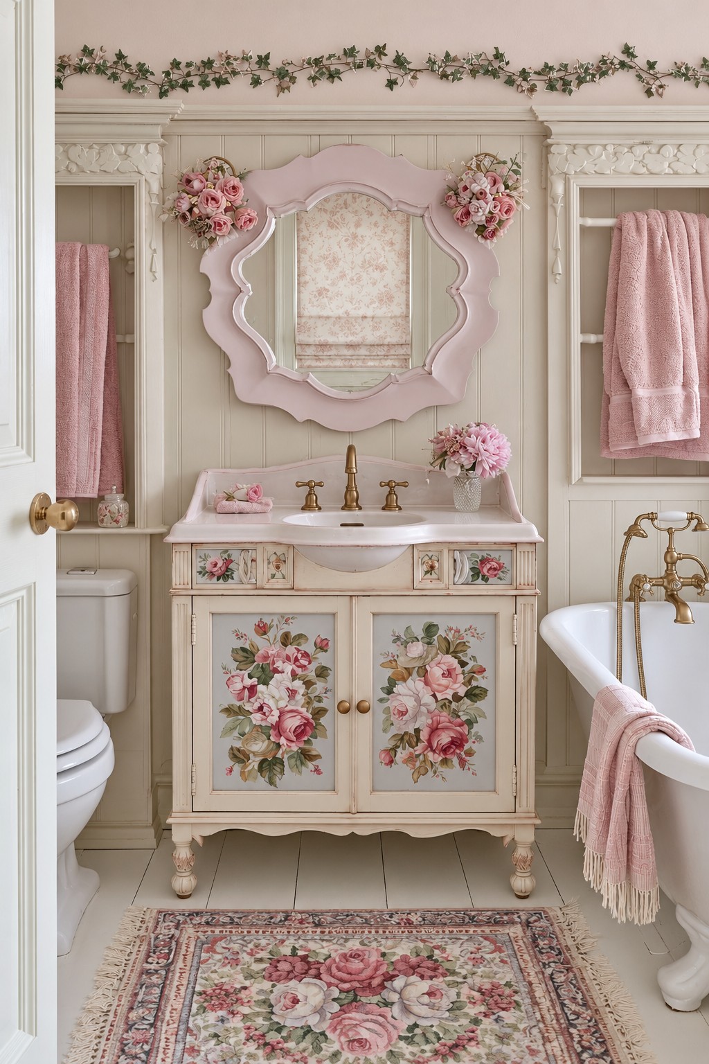 Cream vanity with large rose motifs beneath a pink shaped mirror and recessed towel storage
