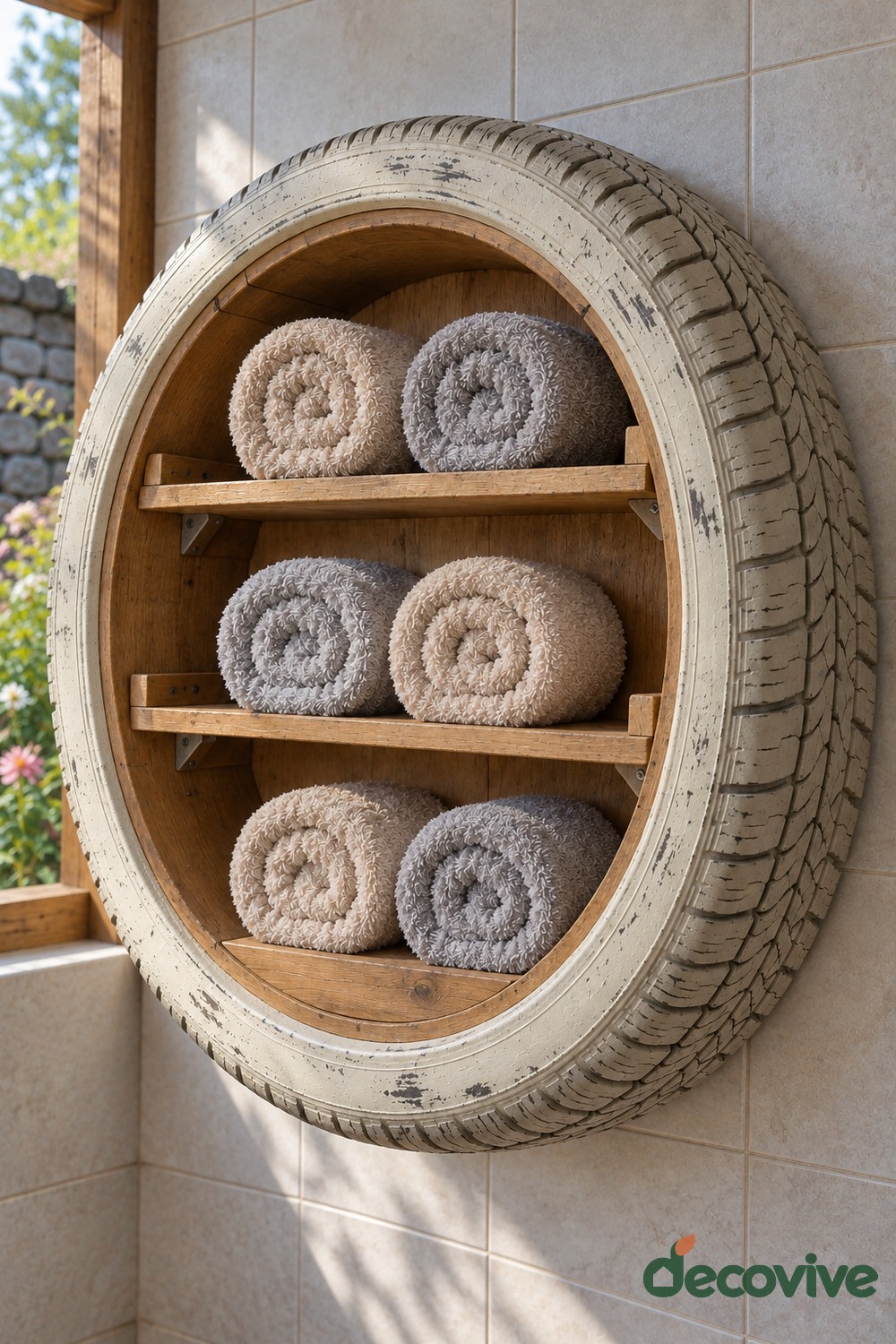 Cream painted tire wall shelf with a wooden interior and three levels of rolled cream and gray towels
