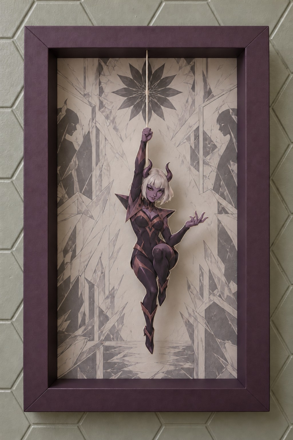 Purple horned fantasy figure suspended in a plum frame over pale geometric crystal hall artwork