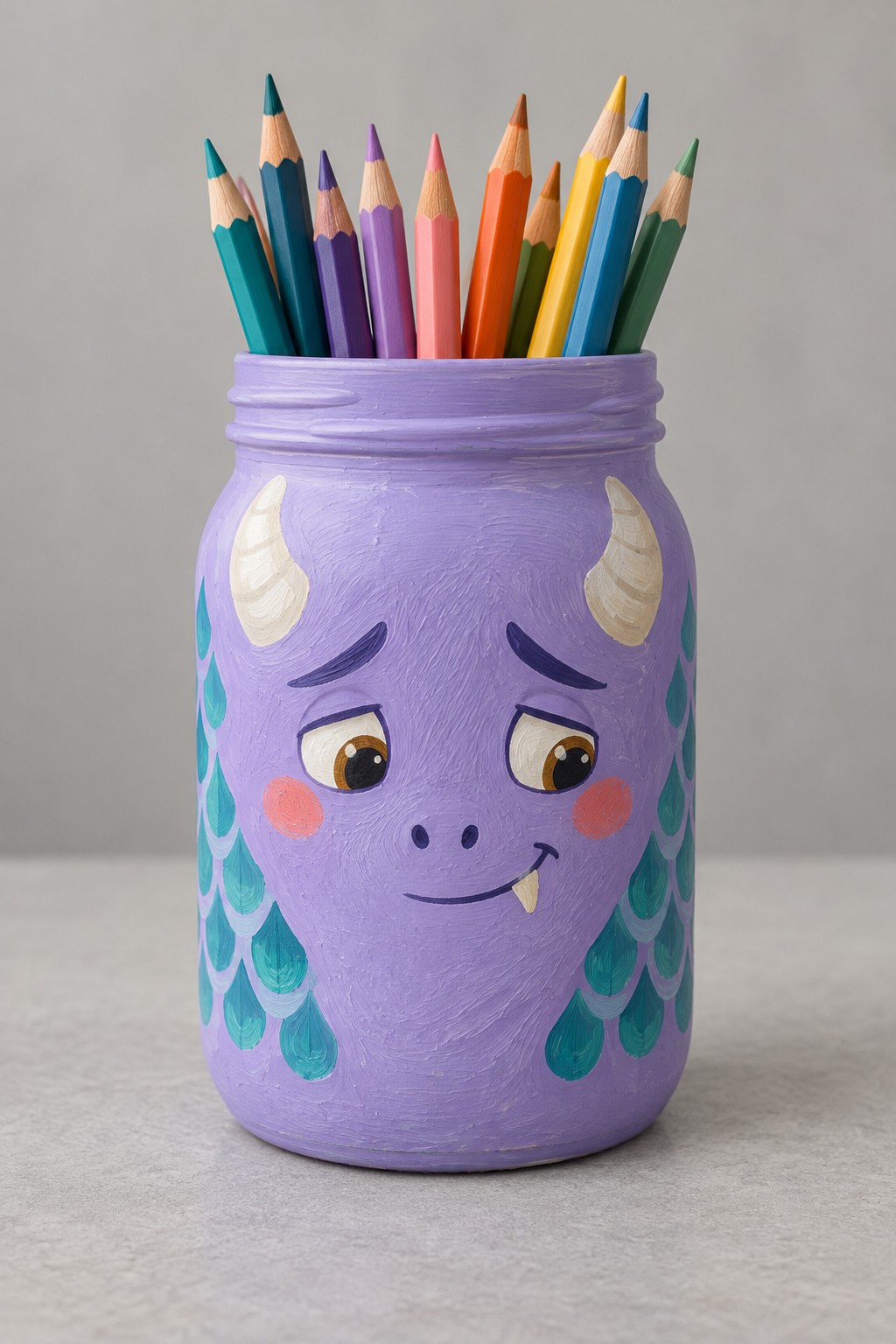 Lavender jar with a shy dragon face amber eyes cream painted horns teal scales and a tiny fang holding colored pencils