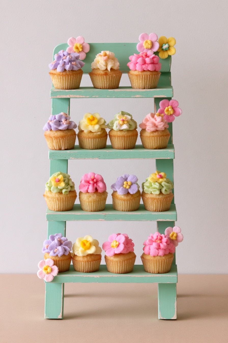 Floral garden ladder cupcake stand on a dessert table