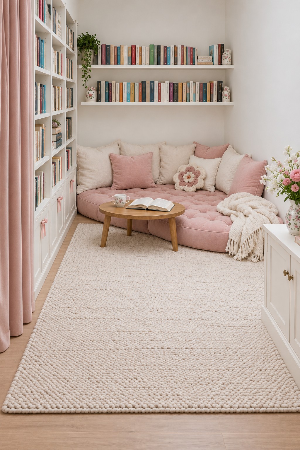 Pink tufted floor lounge surrounded by white bookcases with flower cushions, pink curtains and a low round wood table