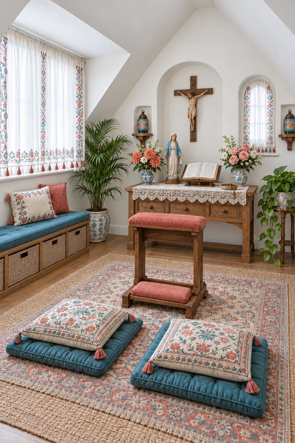 Floral Catholic attic prayer nook with a crucifix Marian figure pink kneeler and teal floor cushions