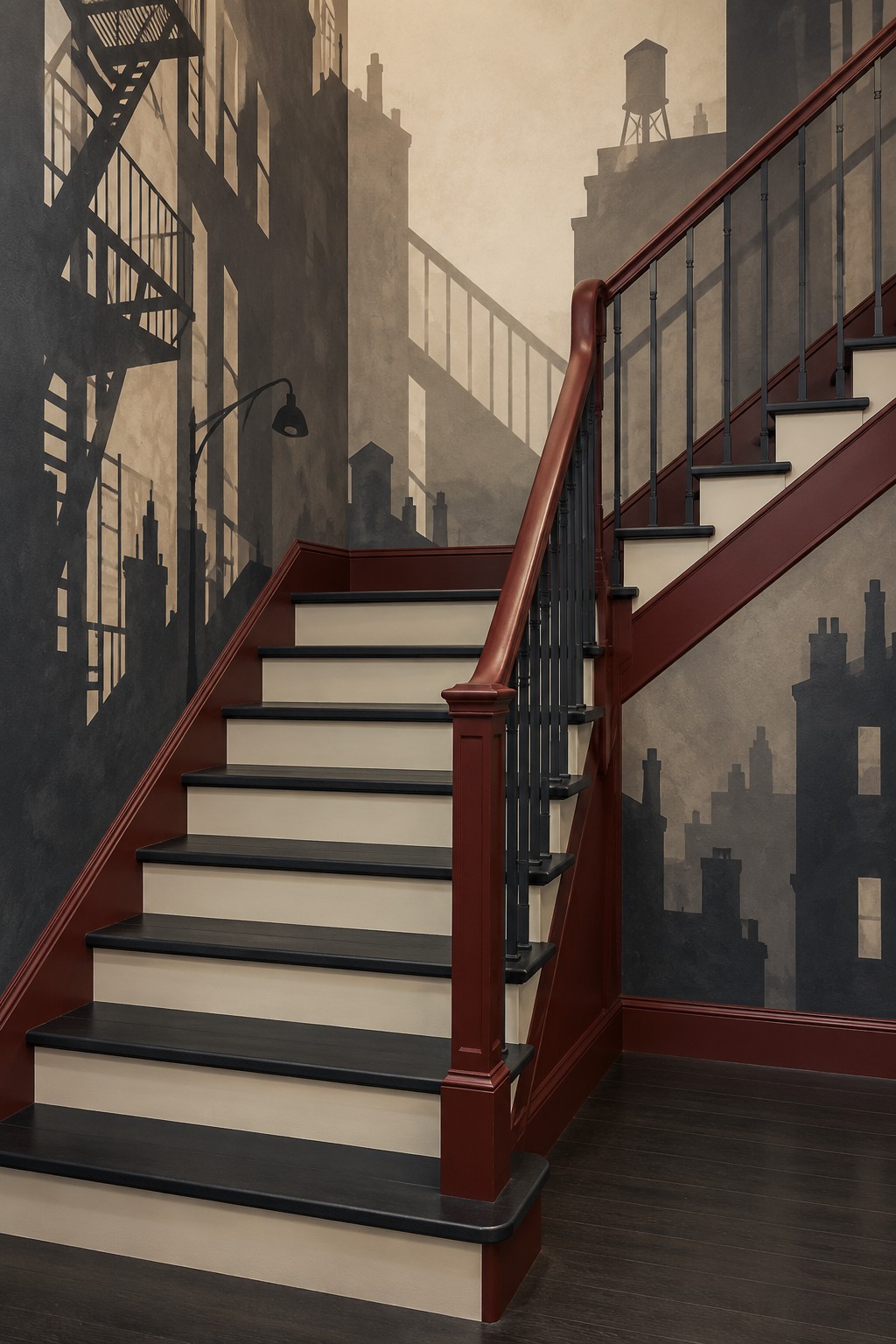 Cream risers and black treads with burgundy rails in a stairwell painted with a city skyline mural