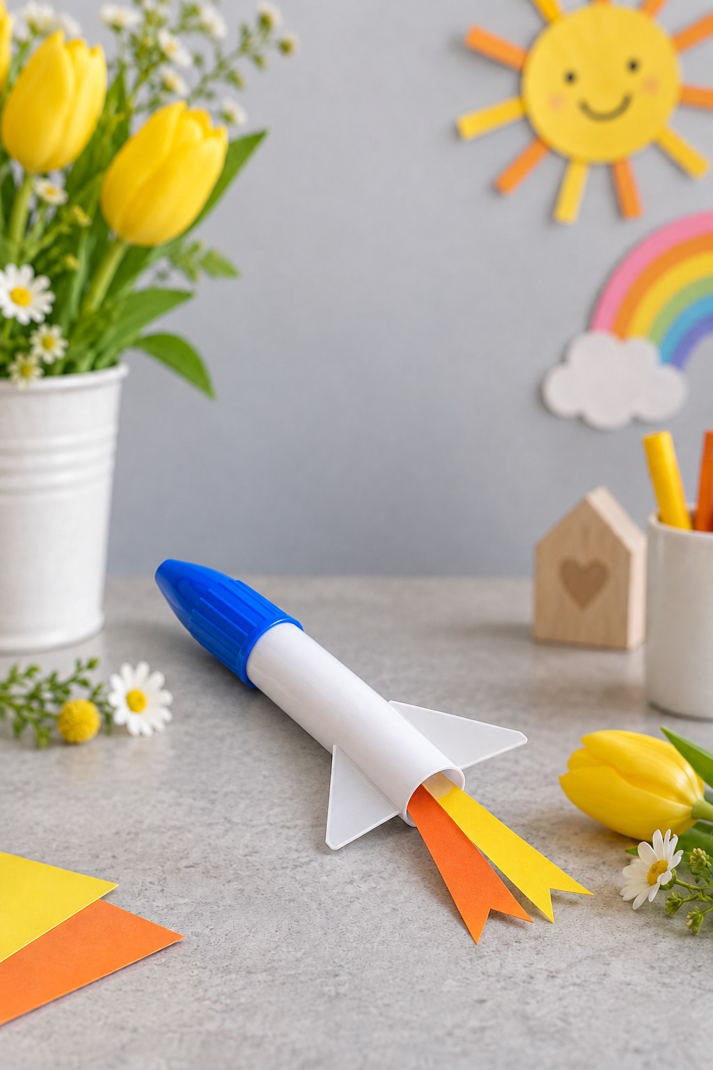 White paper tube rocket with a reused blue marker cap nose, two white fins, and orange and yellow paper flames