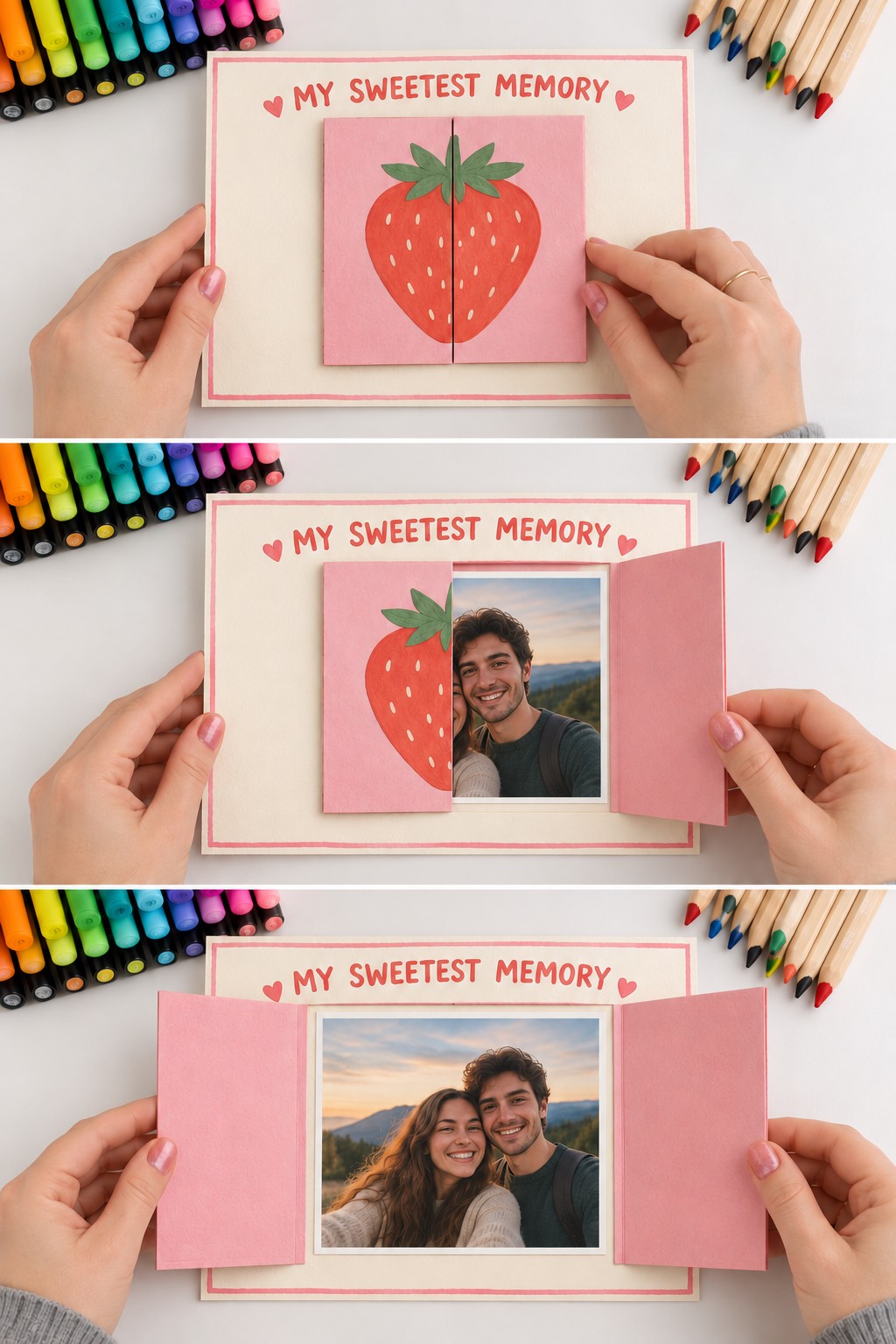 Three views of a strawberry decorated pair of pink doors opening to reveal a couple photograph on a Valentine memory poster