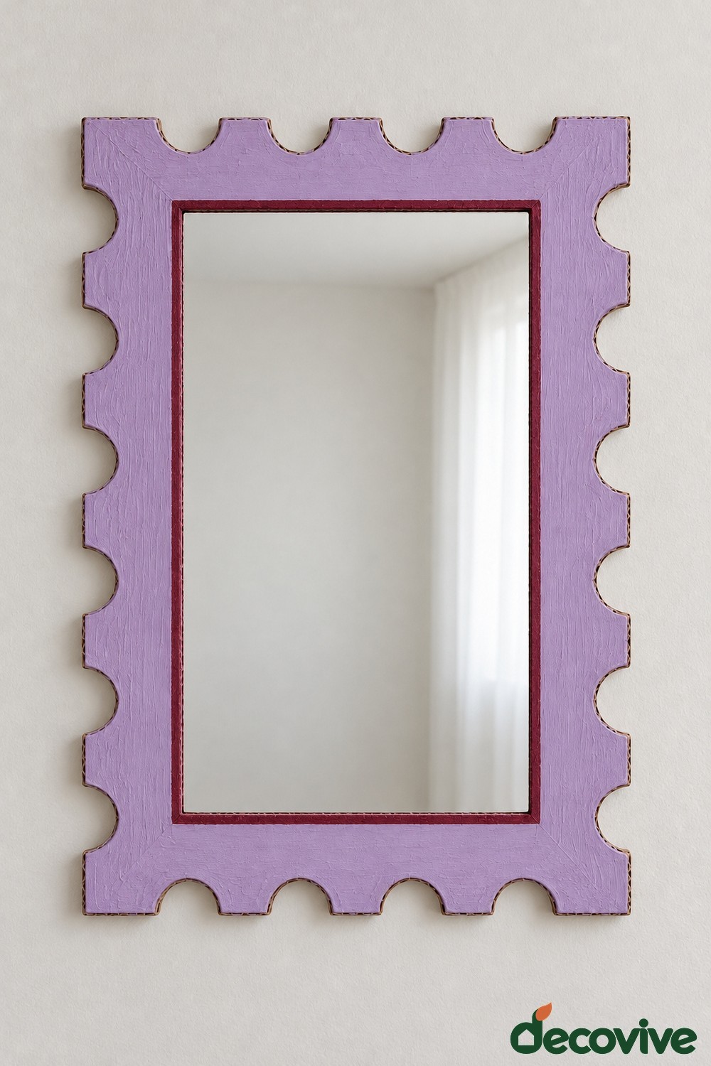 Rectangular lavender mirror frame with semicircular notches around its outer edge and a burgundy inner border