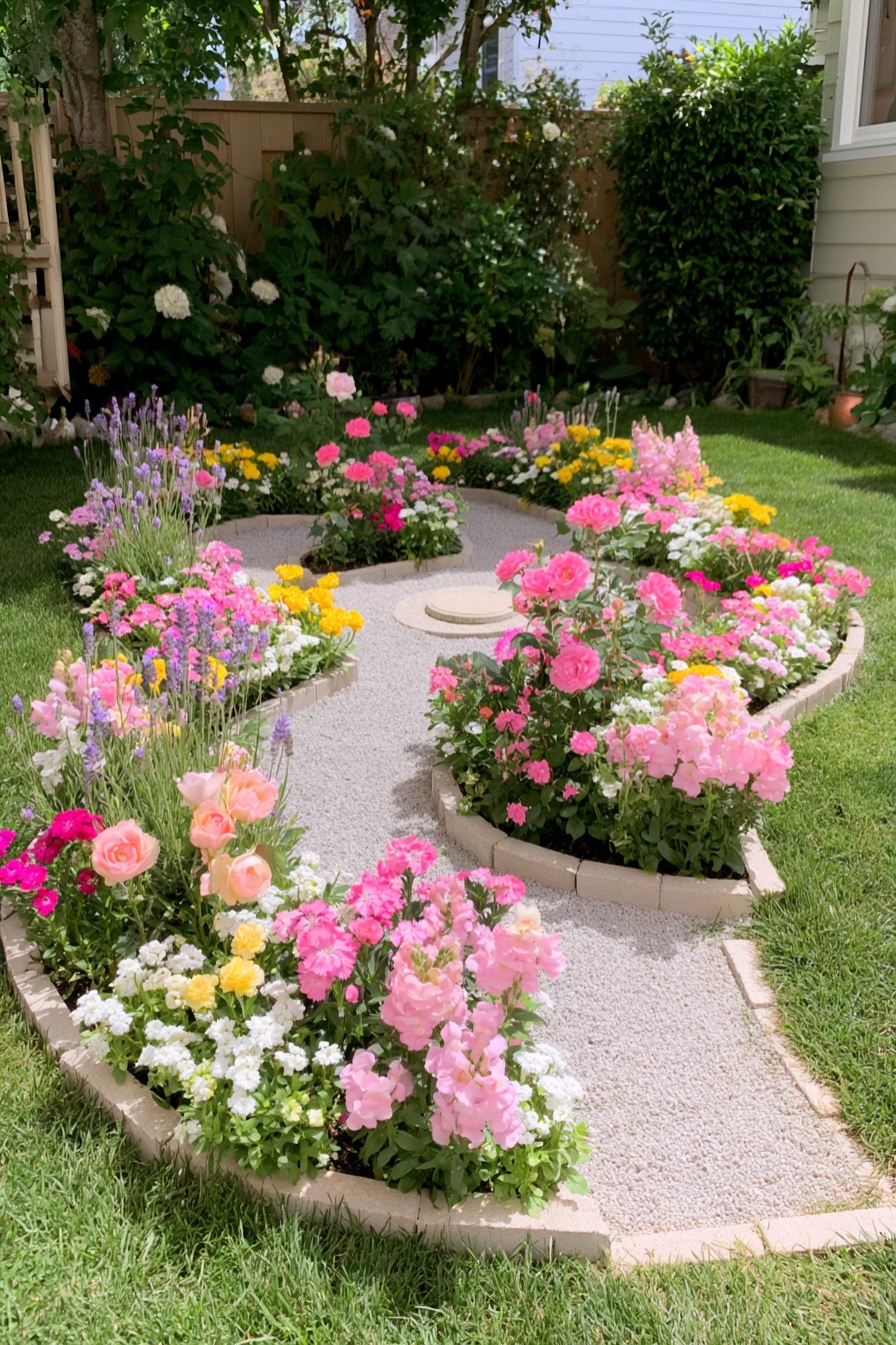 Winding pale gravel paths between curved flower islands edged with low masonry