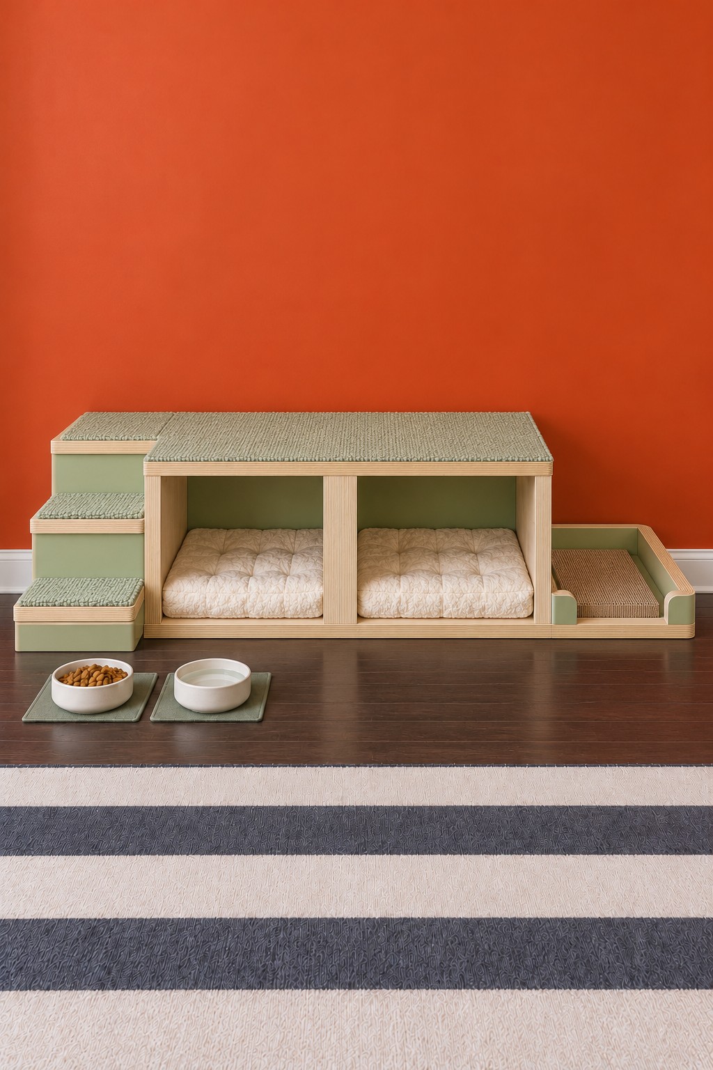 Low sage cat bench with two cushioned dens, left steps, textured top, and a shallow side tray