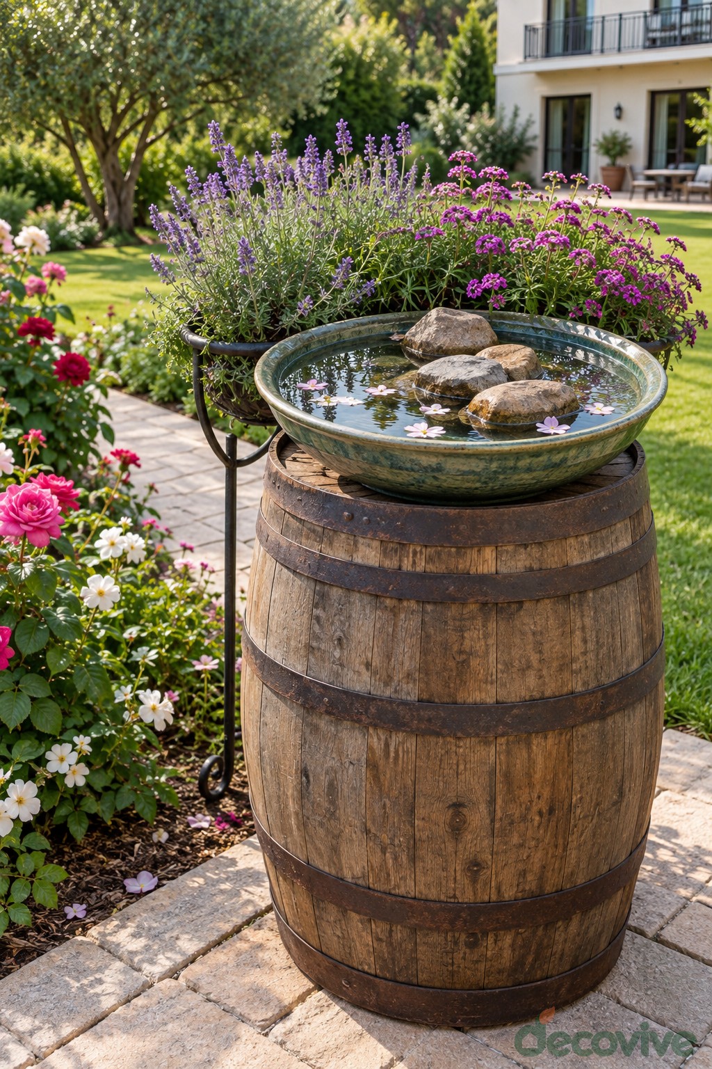 A Barrel Birdbath with a Shallow Stone Landing