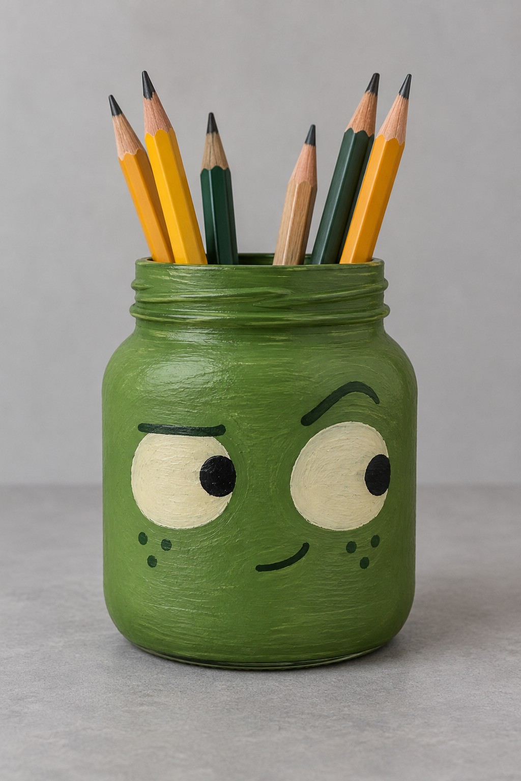 Green jar with large cream sideways looking eyes freckles and a small smile holding colored pencils