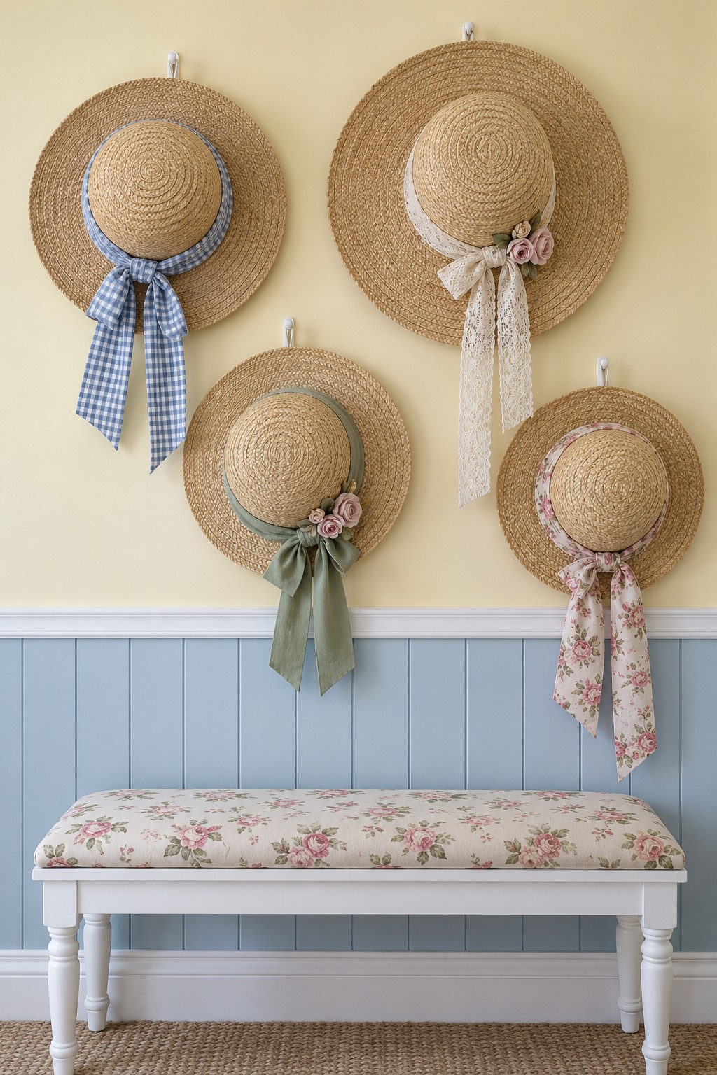 Four straw hats with gingham, lace, sage, and floral ribbons on a pale yellow wall above blue paneling