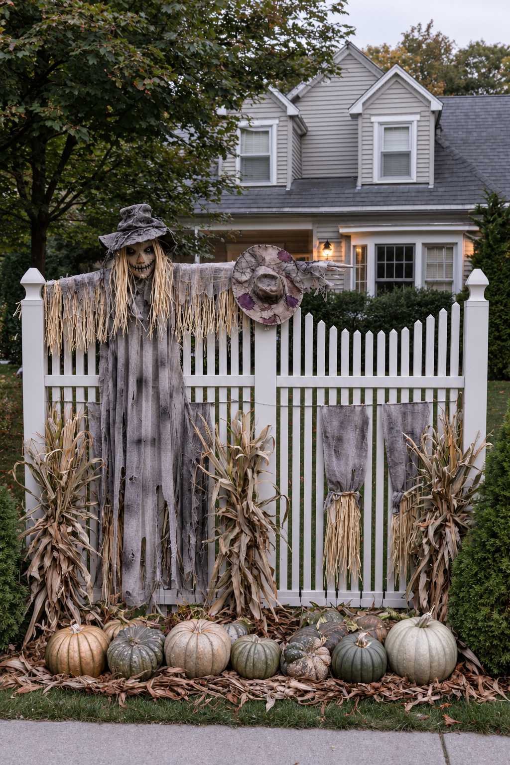 Ragged scarecrow with outstretched arms above a white gate, dried corn and pale pumpkins