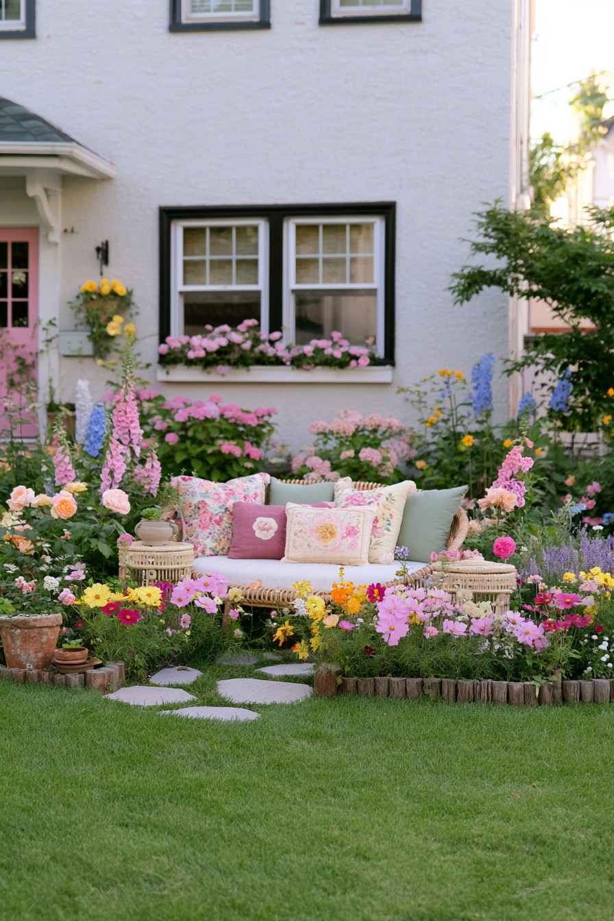 Woven garden seat with floral cushions along a colorful flower border and open lawn