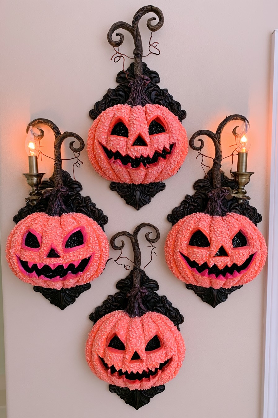 Four coral pumpkin portraits on ornate black plaques arranged in a diamond