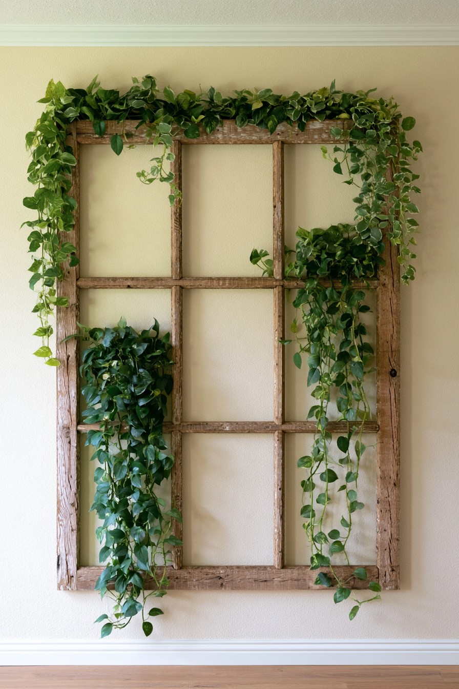 Large reclaimed window frame surrounded by cascading indoor plants