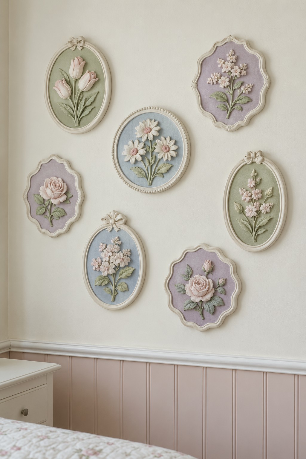 Pastel botanical relief plaques with cream ornamental frames arranged above pink wall paneling