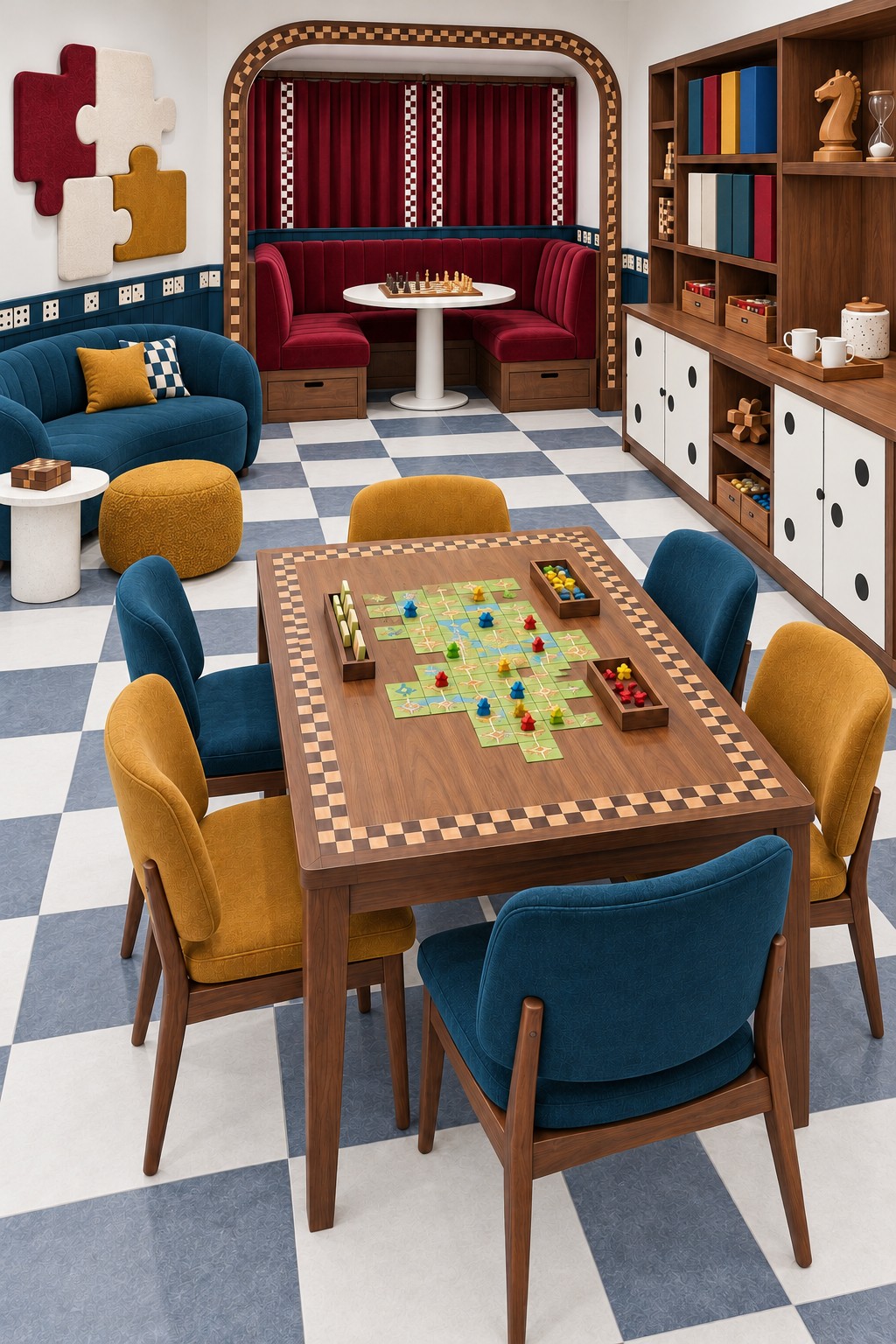 Colorful board game room with a large wooden table, teal and mustard chairs, domino cabinets, and a burgundy chess booth